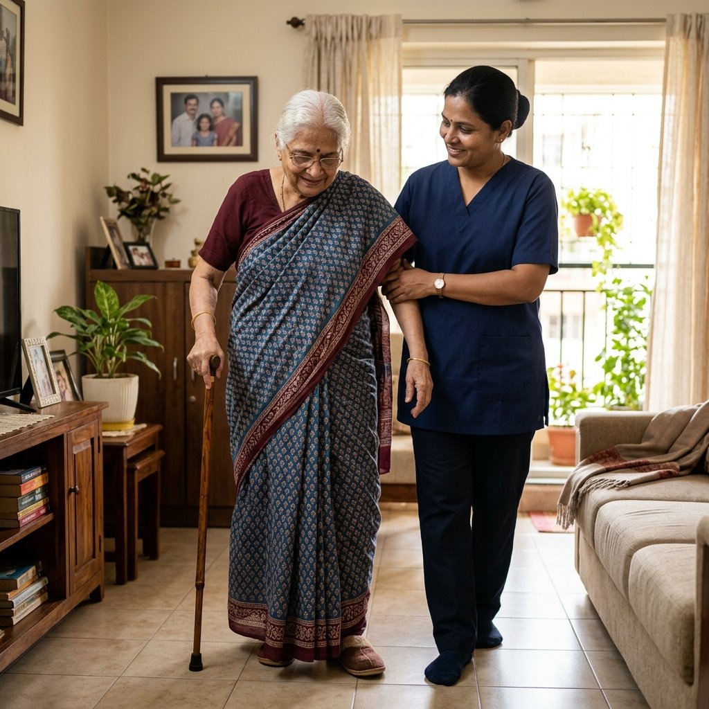 Caregiver assisting an elderly patient on a walk