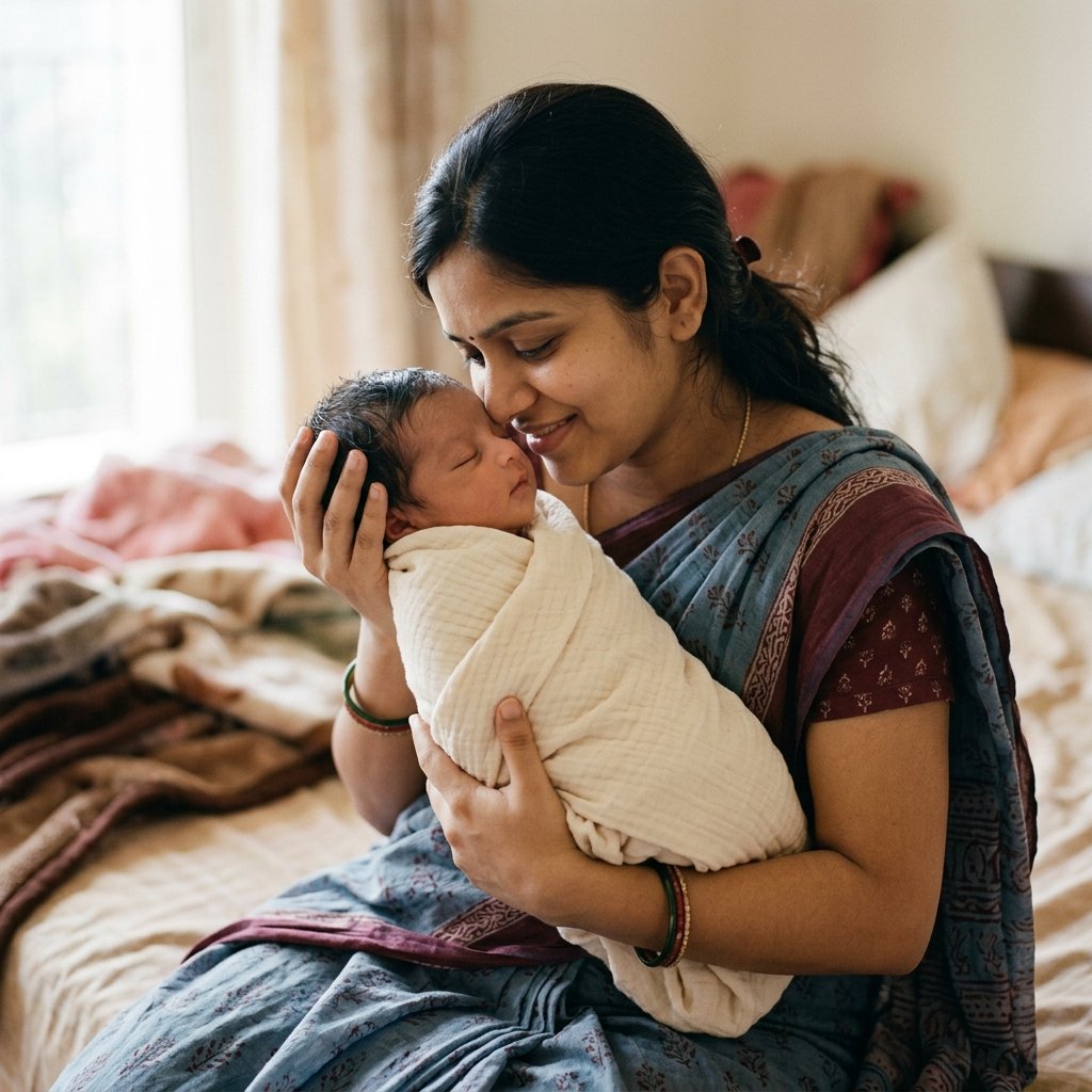 Newborn baby held gently with care
