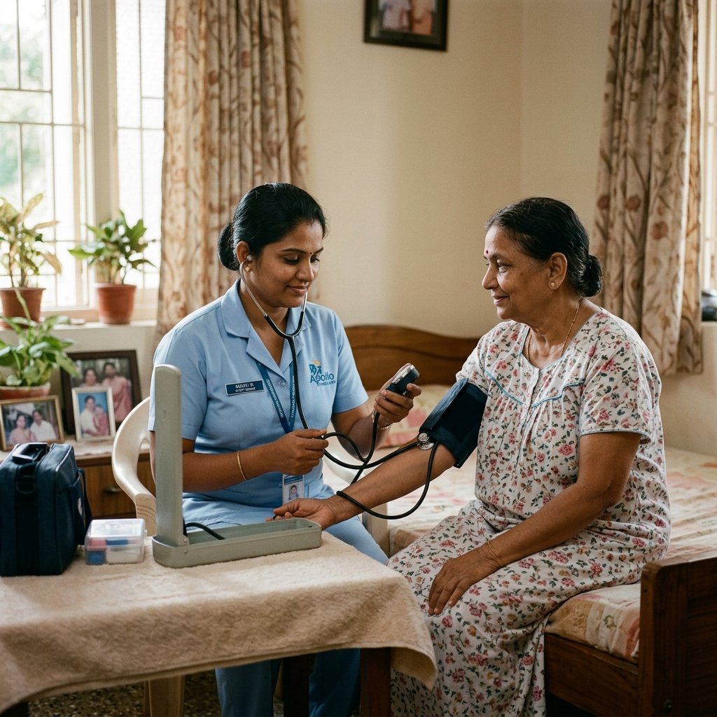 Nurse checking a patient's blood pressure at home