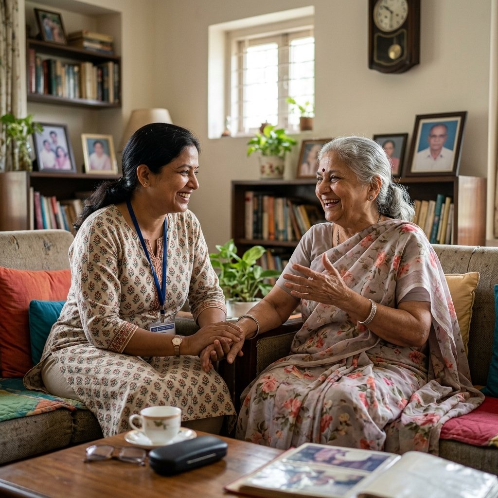 Caregiver spending quality time with a senior patient at home